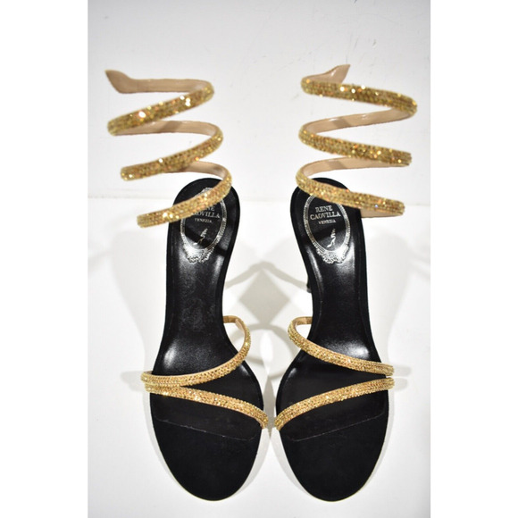 Rene Caovilla Margot Black Gold Crystal Ankle Wrap Strap Sandal Heel Pump 37 - Picture 7 of 12